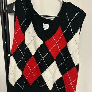 Francesca's Collections Black and Red Argyle V-Neck Sweater Vest
